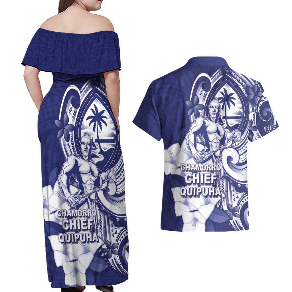 Guam Chief Quipuha Couples Matching Off Shoulder Maxi Dress and Hawaiian Shirt Polynesian Pattern With Guasali Flowers LT05 - Polynesian Pride