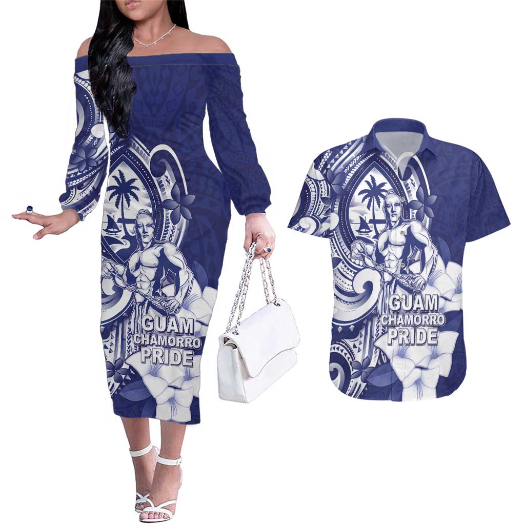 Guam Chief Quipuha Couples Matching Off The Shoulder Long Sleeve Dress and Hawaiian Shirt Polynesian Pattern With Guasali Flowers LT05 Navy - Polynesian Pride