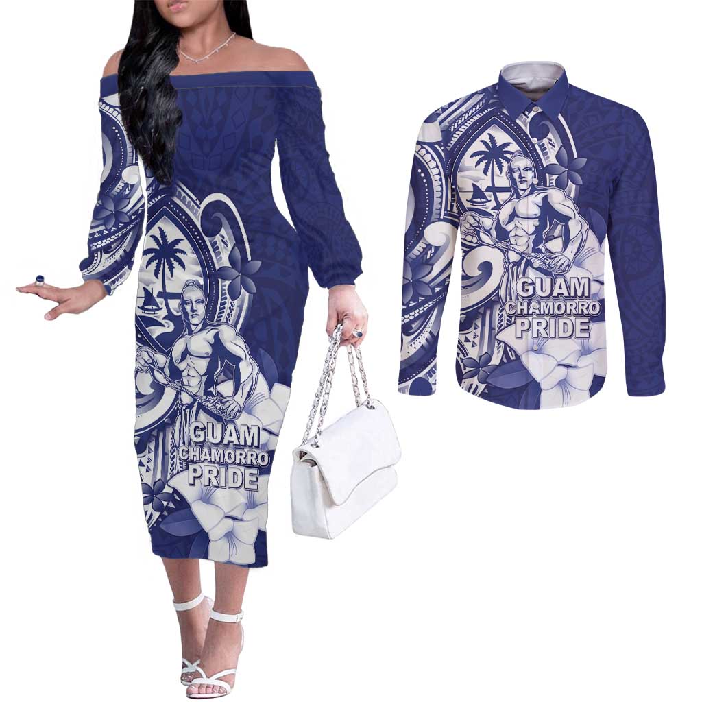 Guam Chief Quipuha Couples Matching Off The Shoulder Long Sleeve Dress and Long Sleeve Button Shirt Polynesian Pattern With Guasali Flowers LT05 Navy - Polynesian Pride