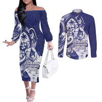 Guam Chief Quipuha Couples Matching Off The Shoulder Long Sleeve Dress and Long Sleeve Button Shirt Polynesian Pattern With Guasali Flowers LT05 Navy - Polynesian Pride