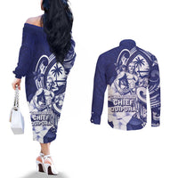 Guam Chief Quipuha Couples Matching Off The Shoulder Long Sleeve Dress and Long Sleeve Button Shirt Polynesian Pattern With Guasali Flowers LT05 - Polynesian Pride