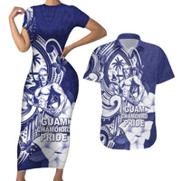Guam Chief Quipuha Couples Matching Short Sleeve Bodycon Dress and Hawaiian Shirt Polynesian Pattern With Guasali Flowers LT05 Navy - Polynesian Pride