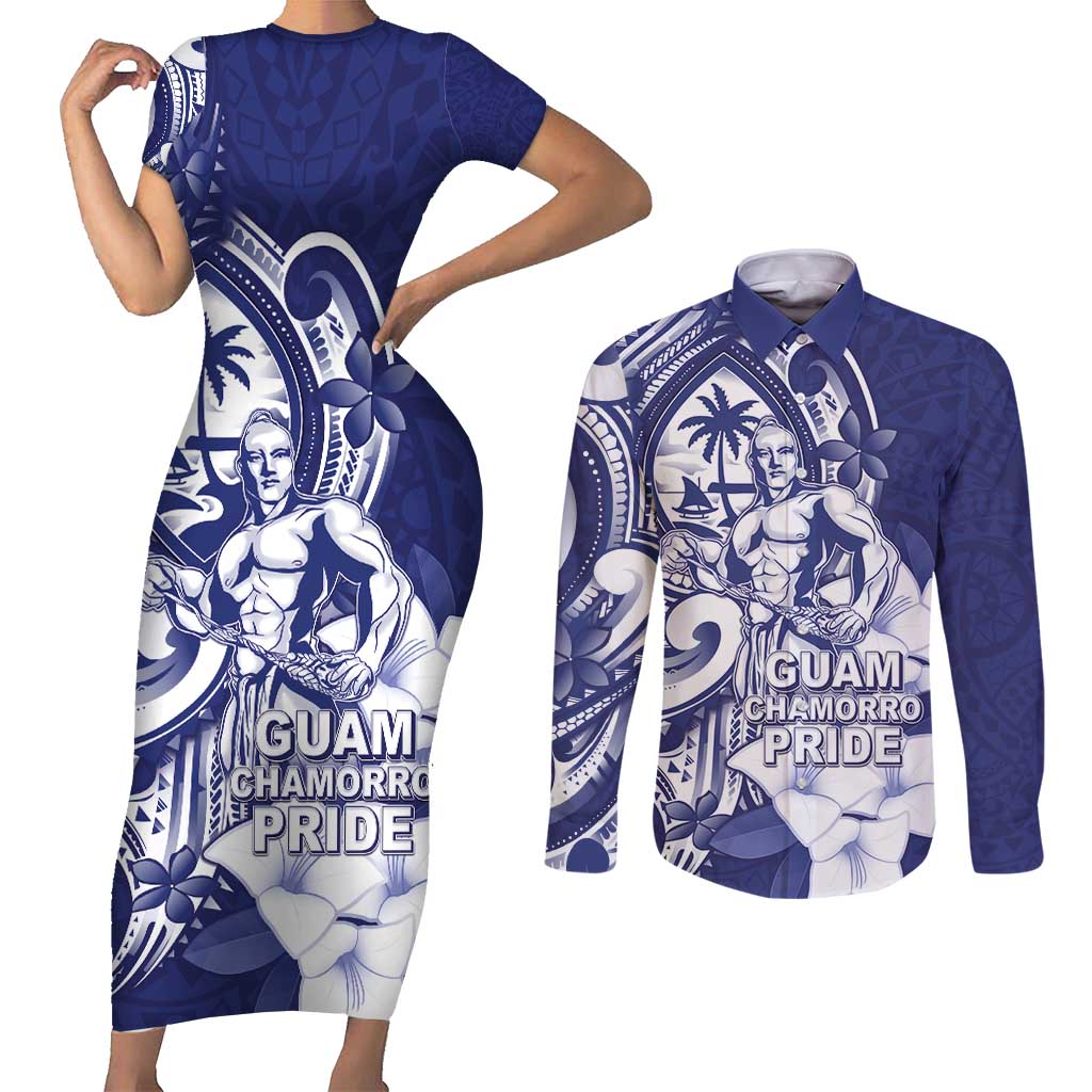 Guam Chief Quipuha Couples Matching Short Sleeve Bodycon Dress and Long Sleeve Button Shirt Polynesian Pattern With Guasali Flowers LT05 Navy - Polynesian Pride