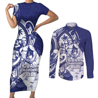 Guam Chief Quipuha Couples Matching Short Sleeve Bodycon Dress and Long Sleeve Button Shirt Polynesian Pattern With Guasali Flowers LT05 Navy - Polynesian Pride