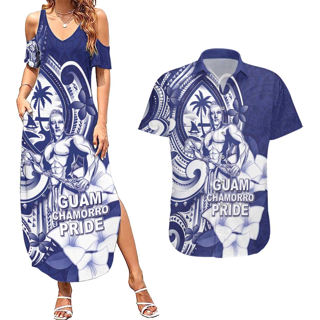 Guam Chief Quipuha Couples Matching Summer Maxi Dress and Hawaiian Shirt Polynesian Pattern With Guasali Flowers LT05 Navy - Polynesian Pride