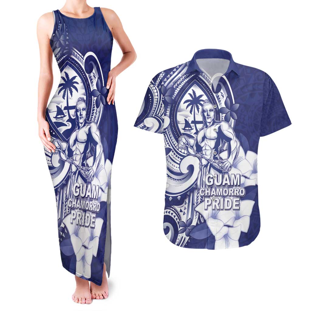 Guam Chief Quipuha Couples Matching Tank Maxi Dress and Hawaiian Shirt Polynesian Pattern With Guasali Flowers LT05 Navy - Polynesian Pride