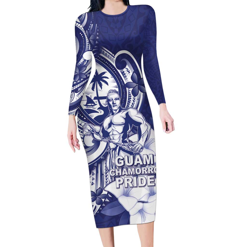 Guam Chief Quipuha Family Matching Long Sleeve Bodycon Dress and Hawaiian Shirt Polynesian Pattern With Guasali Flowers LT05 Mom's Dress Navy - Polynesian Pride