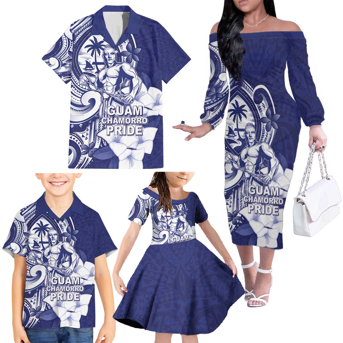 Guam Chief Quipuha Family Matching Off The Shoulder Long Sleeve Dress and Hawaiian Shirt Polynesian Pattern With Guasali Flowers LT05 - Polynesian Pride