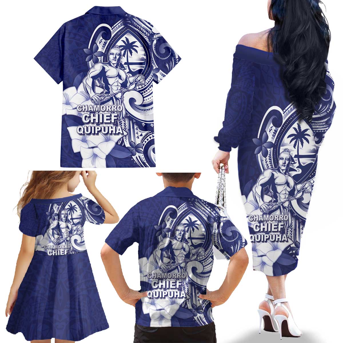 Guam Chief Quipuha Family Matching Off The Shoulder Long Sleeve Dress and Hawaiian Shirt Polynesian Pattern With Guasali Flowers LT05 - Polynesian Pride