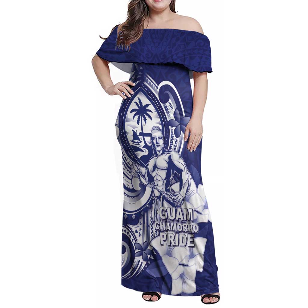 Guam Chief Quipuha Family Matching Off Shoulder Maxi Dress and Hawaiian Shirt Polynesian Pattern With Guasali Flowers LT05 Mom's Dress Navy - Polynesian Pride