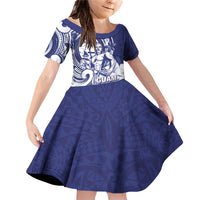Guam Chief Quipuha Family Matching Off Shoulder Short Dress and Hawaiian Shirt Polynesian Pattern With Guasali Flowers LT05 Daughter's Dress Navy - Polynesian Pride
