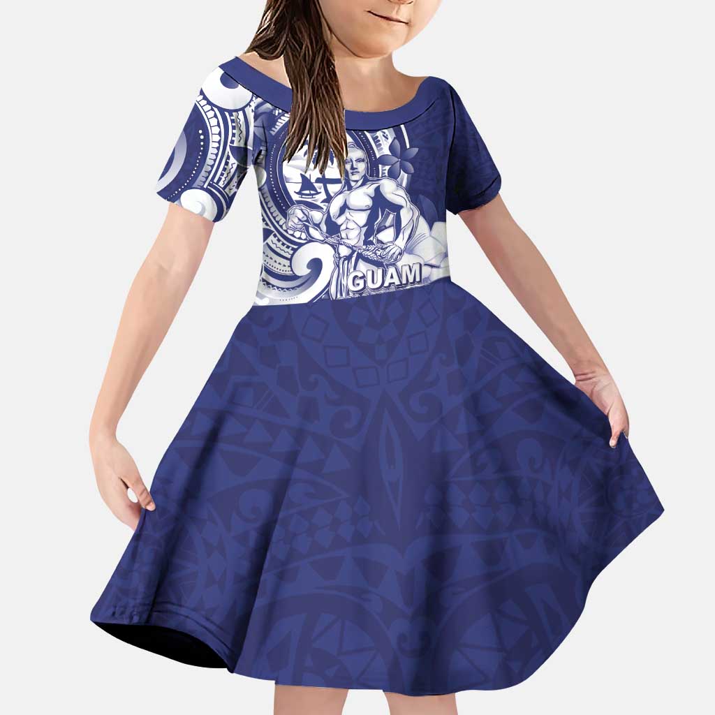 Guam Chief Quipuha Family Matching Puletasi and Hawaiian Shirt Polynesian Pattern With Guasali Flowers LT05 Daughter's Dress Navy - Polynesian Pride