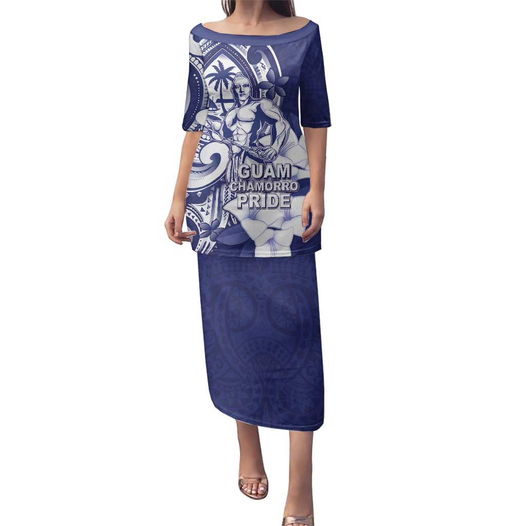 Guam Chief Quipuha Family Matching Puletasi and Hawaiian Shirt Polynesian Pattern With Guasali Flowers LT05 Mom's Dress Navy - Polynesian Pride
