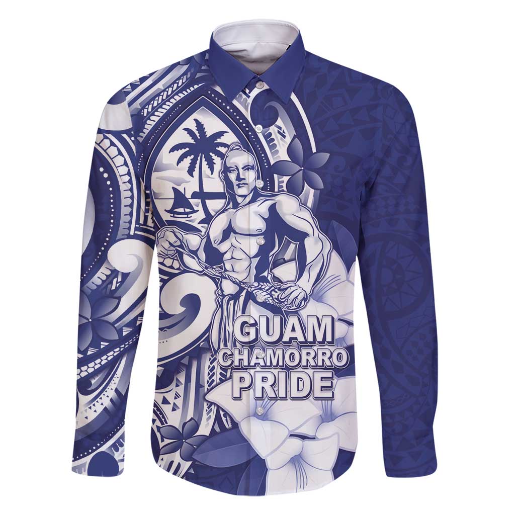 Guam Chief Quipuha Family Matching Summer Maxi Dress and Hawaiian Shirt Polynesian Pattern With Guasali Flowers LT05 Dad's Shirt - Long Sleeve Navy - Polynesian Pride