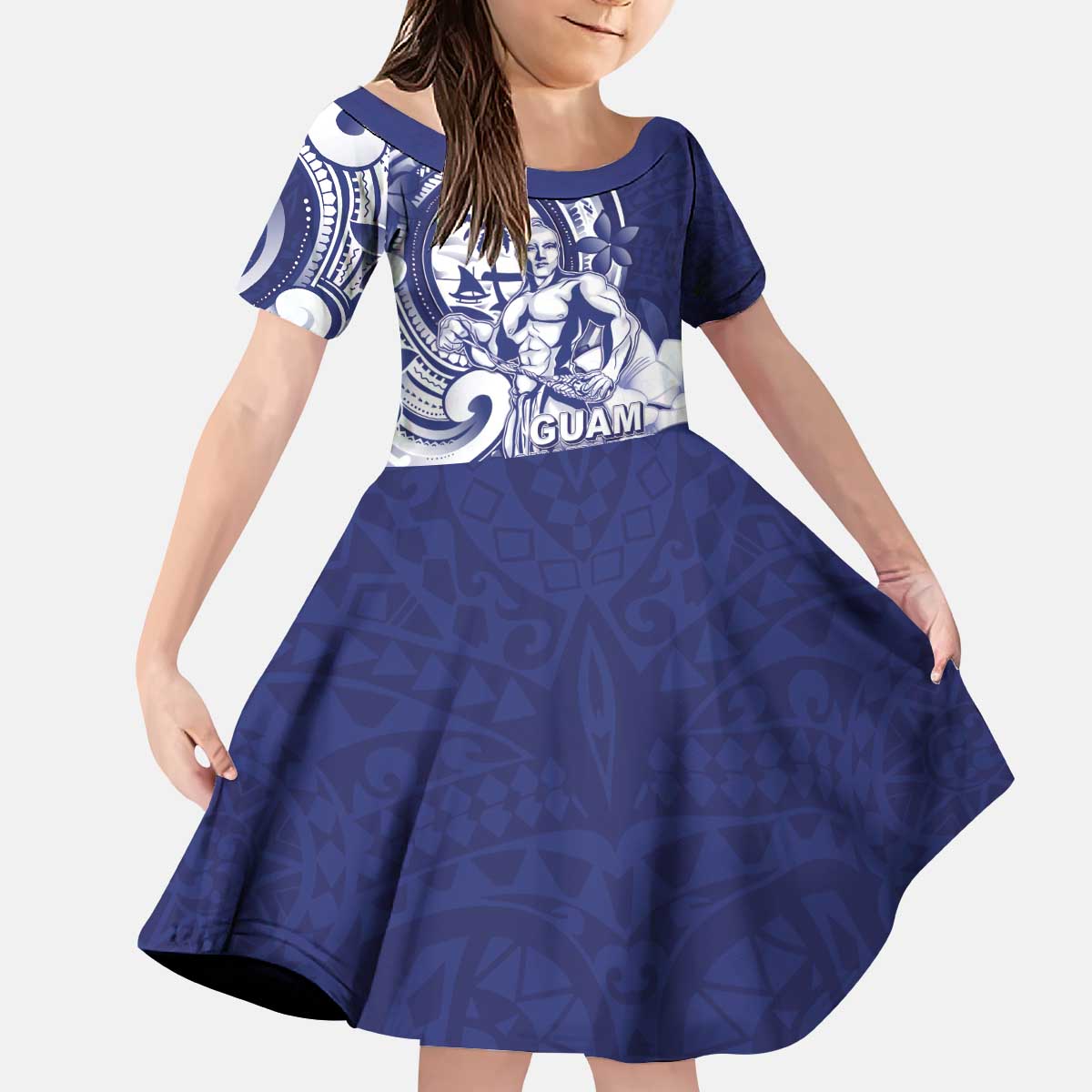 Guam Chief Quipuha Kid Short Sleeve Dress Polynesian Pattern With Guasali Flowers