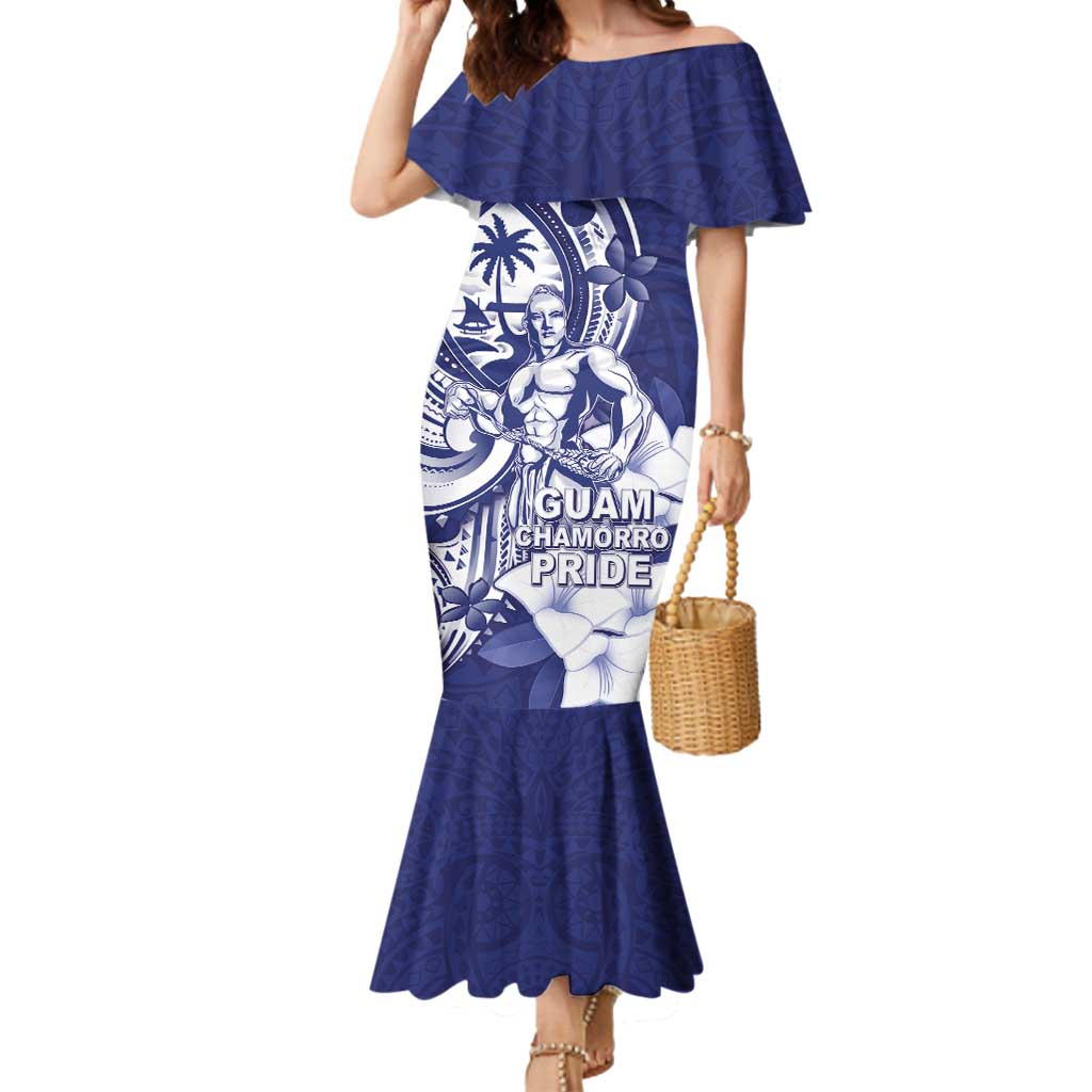 Guam Chief Quipuha Mermaid Dress Polynesian Pattern With Guasali Flowers LT05 Women Navy - Polynesian Pride