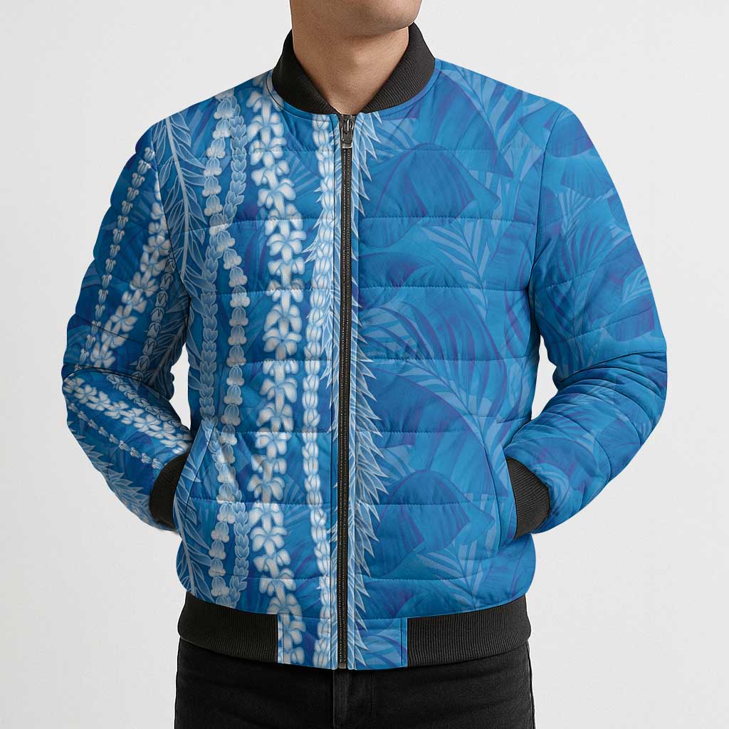Hawaii Prince Kuhio Bomber Puffer Jacket Blue Hawaiian Lau Maia With Leis