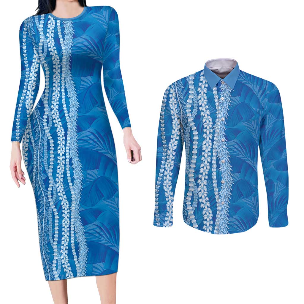 Hawaii Prince Kuhio Couples Matching Long Sleeve Bodycon Dress and Long Sleeve Button Shirt Blue Hawaiian Lau Maia With Leis LT05 Blue - Polynesian Pride