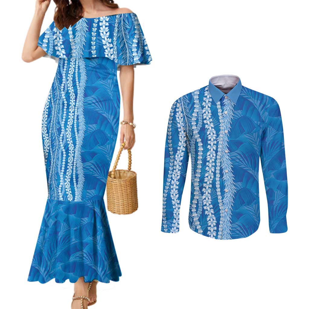 Hawaii Prince Kuhio Couples Matching Mermaid Dress and Long Sleeve Button Shirt Blue Hawaiian Lau Maia With Leis LT05 Blue - Polynesian Pride