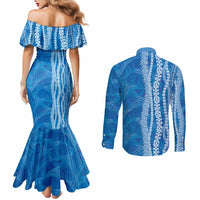 Hawaii Prince Kuhio Couples Matching Mermaid Dress and Long Sleeve Button Shirt Blue Hawaiian Lau Maia With Leis LT05 - Polynesian Pride