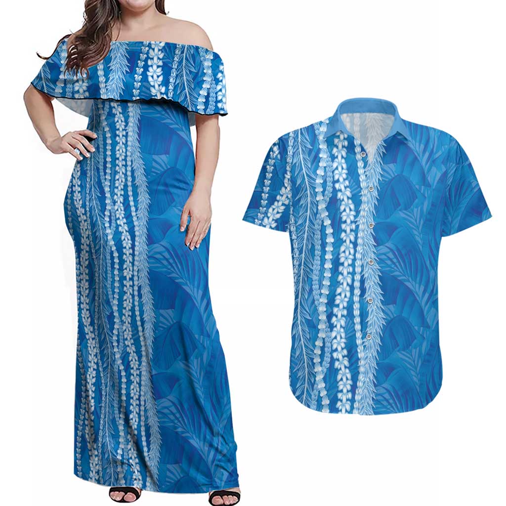 Hawaii Prince Kuhio Couples Matching Off Shoulder Maxi Dress and Hawaiian Shirt Blue Hawaiian Lau Maia With Leis LT05 Blue - Polynesian Pride