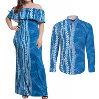 Hawaii Prince Kuhio Couples Matching Off Shoulder Maxi Dress and Long Sleeve Button Shirt Blue Hawaiian Lau Maia With Leis LT05 Blue - Polynesian Pride