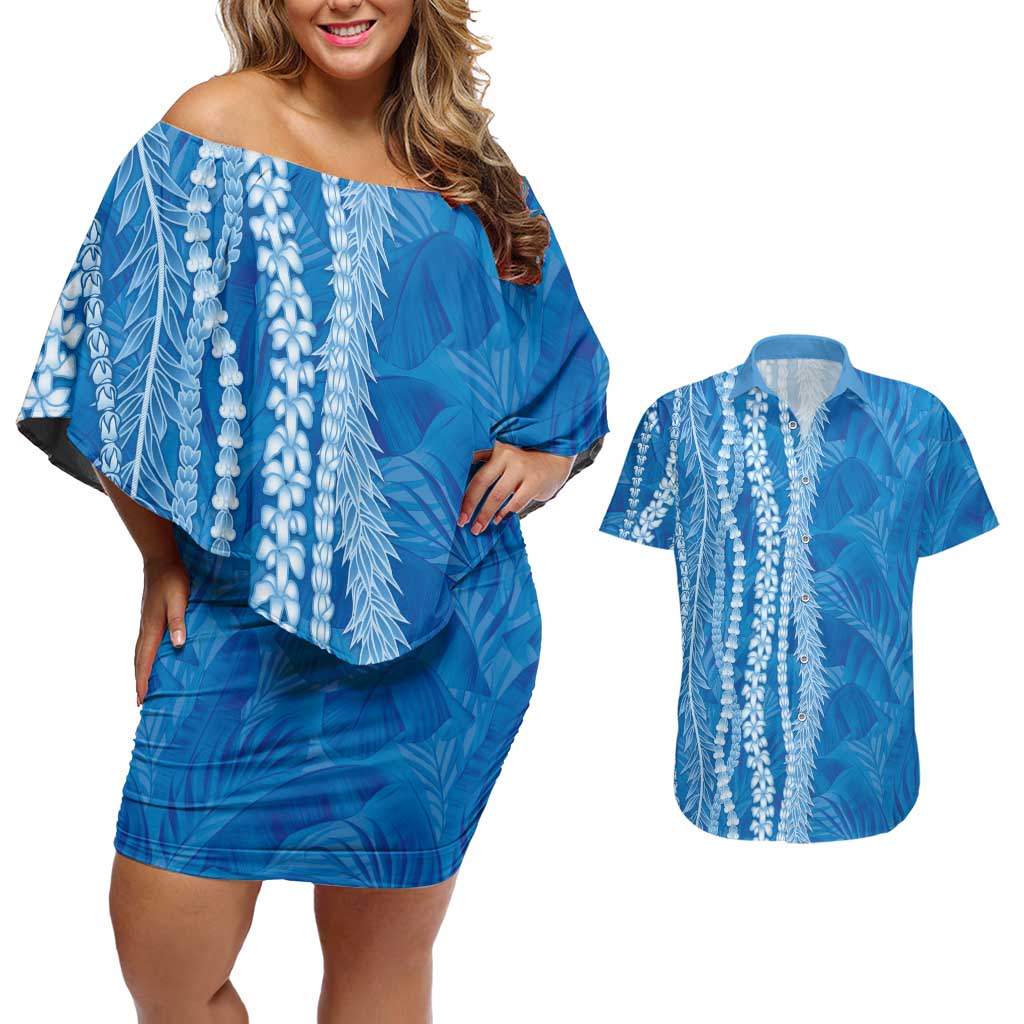 Hawaii Prince Kuhio Couples Matching Off Shoulder Short Dress and Hawaiian Shirt Blue Hawaiian Lau Maia With Leis LT05 Blue - Polynesian Pride