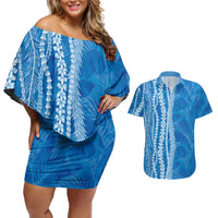 Hawaii Prince Kuhio Couples Matching Off Shoulder Short Dress and Hawaiian Shirt Blue Hawaiian Lau Maia With Leis LT05 Blue - Polynesian Pride