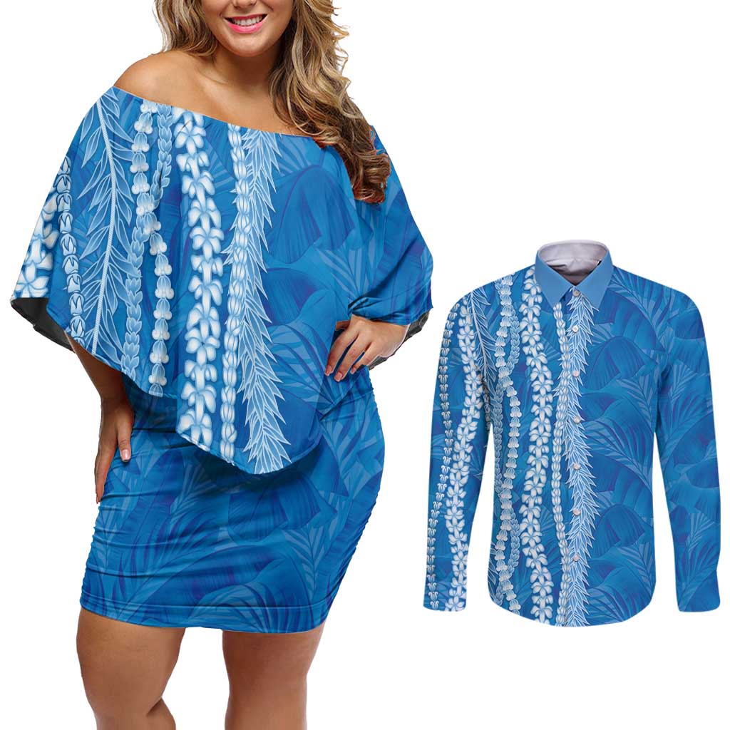 Hawaii Prince Kuhio Couples Matching Off Shoulder Short Dress and Long Sleeve Button Shirt Blue Hawaiian Lau Maia With Leis LT05 Blue - Polynesian Pride