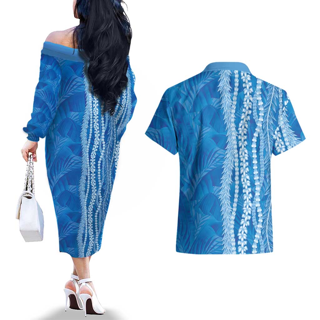 Hawaii Prince Kuhio Couples Matching Off The Shoulder Long Sleeve Dress and Hawaiian Shirt Blue Hawaiian Lau Maia With Leis LT05 - Polynesian Pride