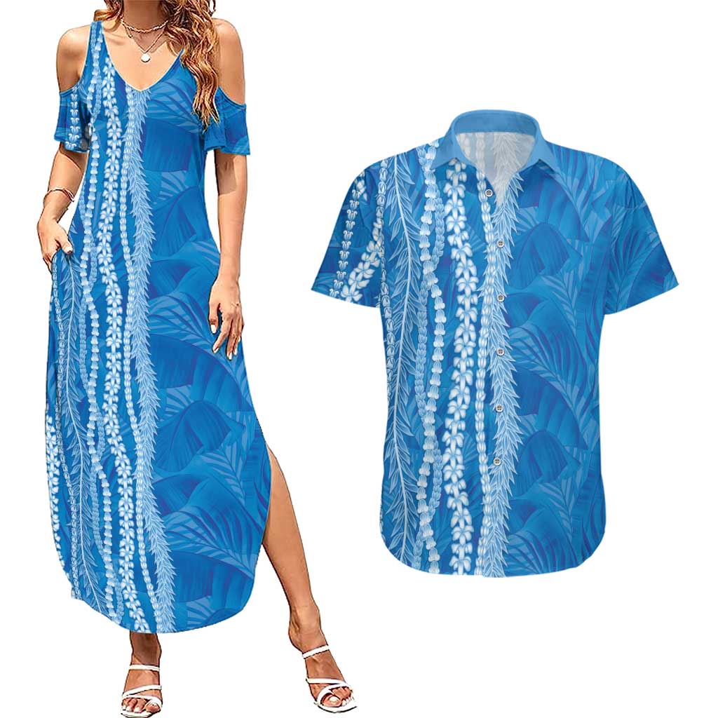 Hawaii Prince Kuhio Couples Matching Summer Maxi Dress and Hawaiian Shirt Blue Hawaiian Lau Maia With Leis LT05 Blue - Polynesian Pride