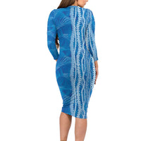 Hawaii Prince Kuhio Family Matching Long Sleeve Bodycon Dress and Hawaiian Shirt Blue Hawaiian Lau Maia With Leis LT05 - Polynesian Pride