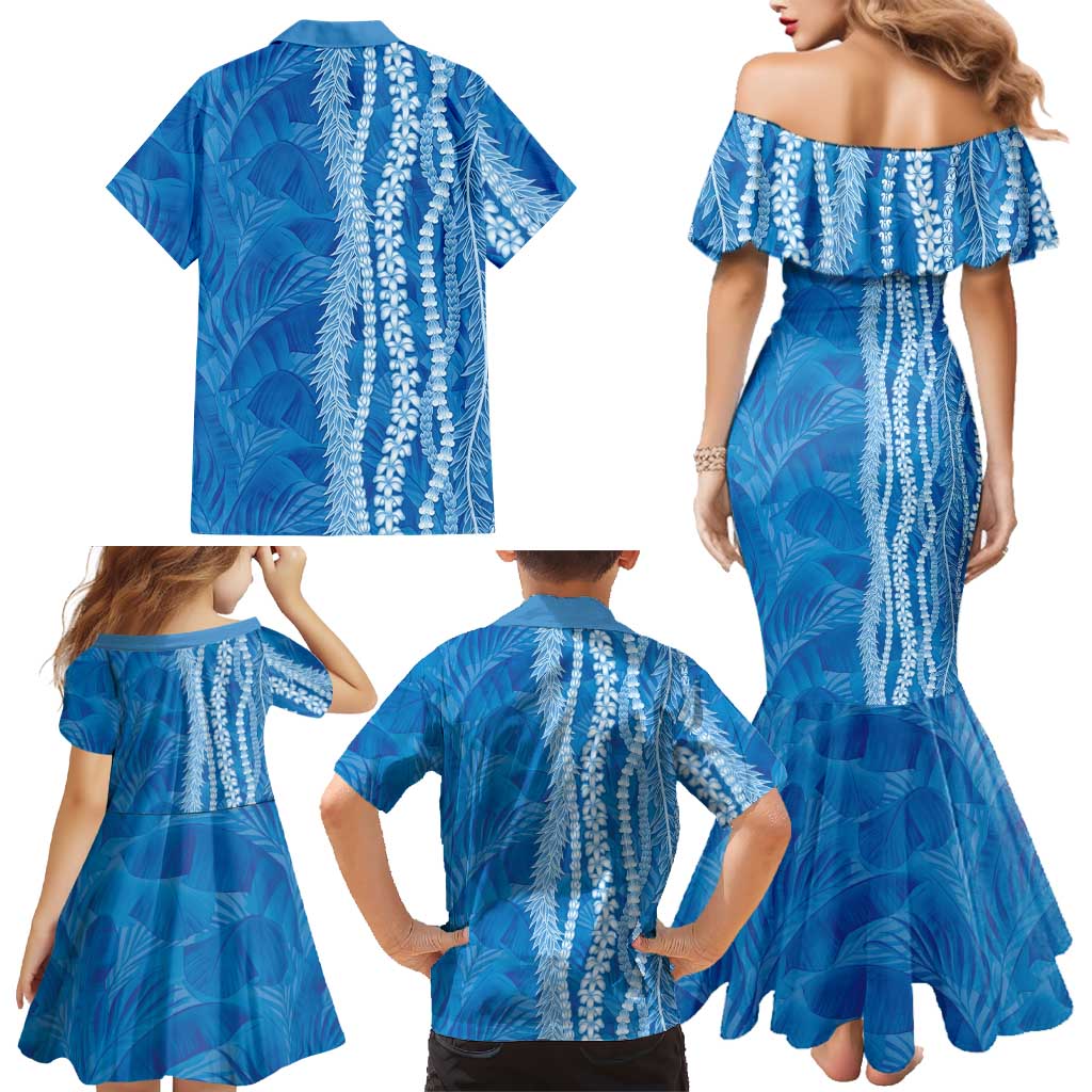 Hawaii Prince Kuhio Family Matching Mermaid Dress and Hawaiian Shirt Blue Hawaiian Lau Maia With Leis LT05 - Polynesian Pride