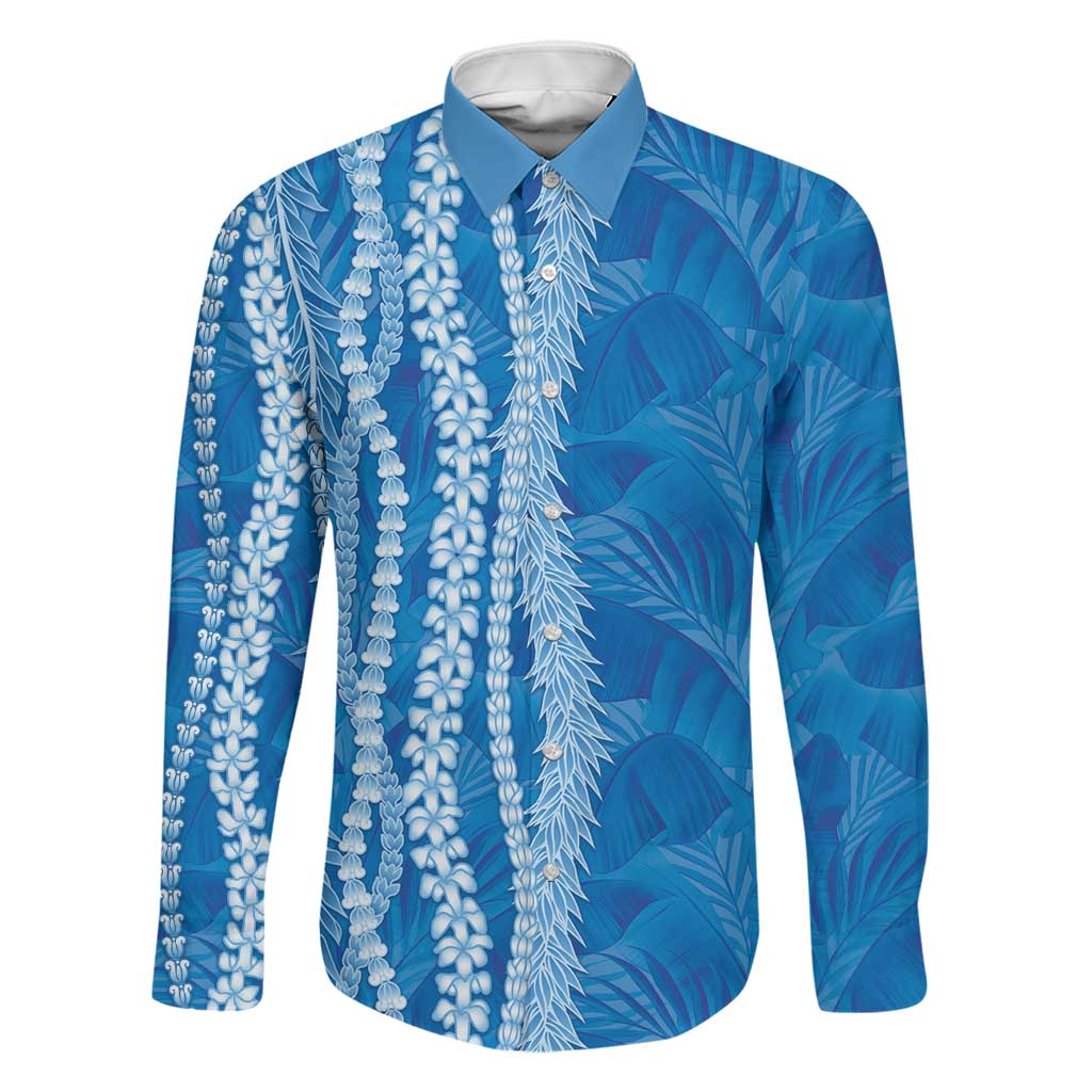 Hawaii Prince Kuhio Family Matching Off Shoulder Short Dress and Hawaiian Shirt Blue Hawaiian Lau Maia With Leis LT05 Dad's Shirt - Long Sleeve Blue - Polynesian Pride