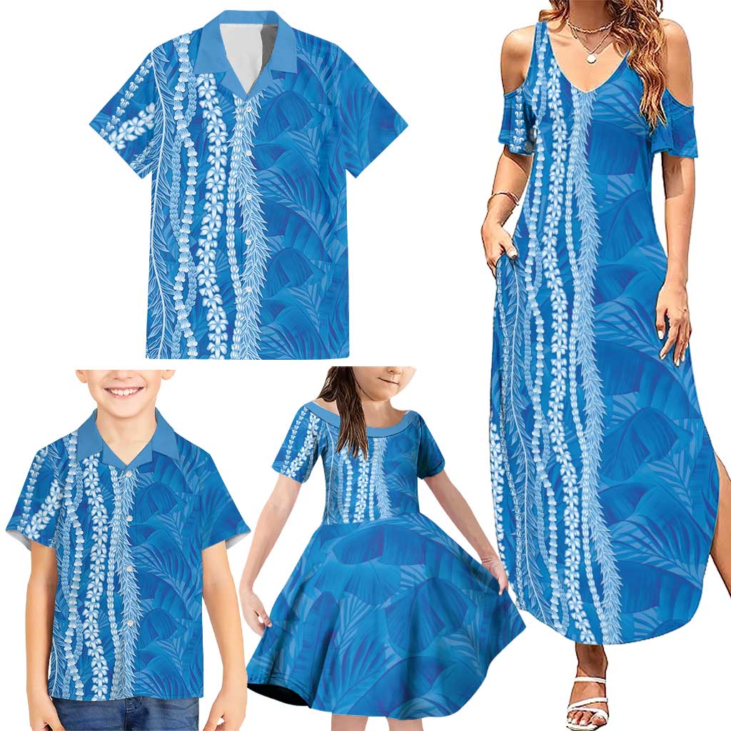 Hawaii Prince Kuhio Family Matching Summer Maxi Dress and Hawaiian Shirt Blue Hawaiian Lau Maia With Leis