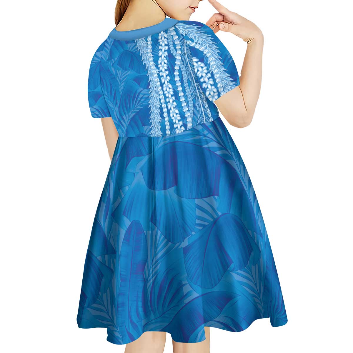 Hawaii Prince Kuhio Kid Short Sleeve Dress Blue Hawaiian Lau Maia With Leis