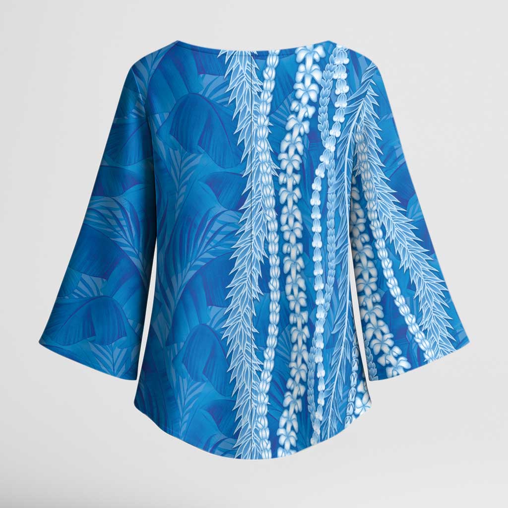 Hawaii Prince Kuhio Kimono Sleeve Blouse Blue Hawaiian Lau Maia With Leis