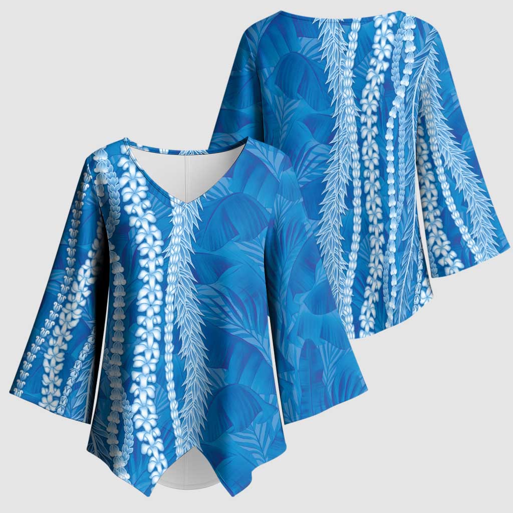 Hawaii Prince Kuhio Kimono Sleeve Blouse Blue Hawaiian Lau Maia With Leis