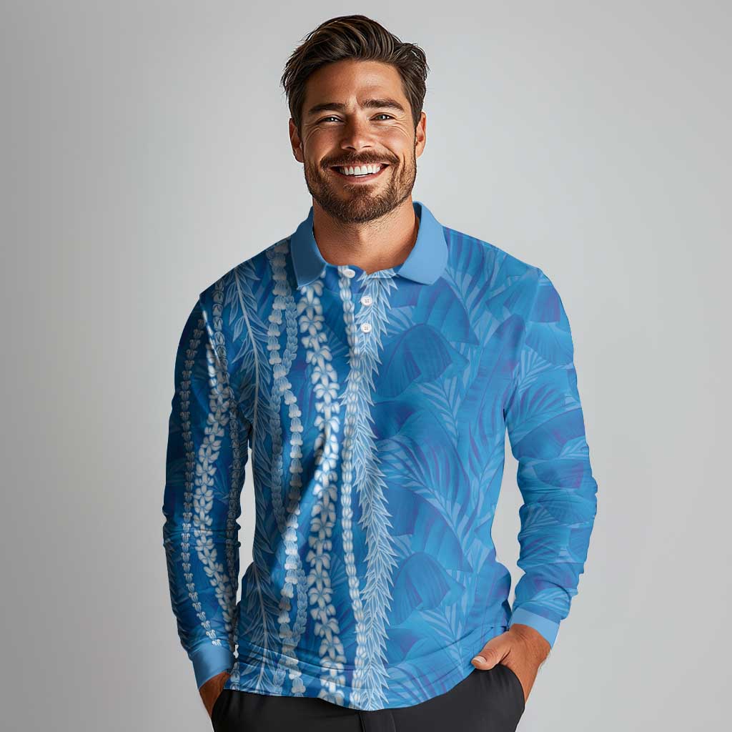 Hawaii Prince Kuhio Long Sleeve Polo Shirt Blue Hawaiian Lau Maia With Leis LT05 - Polynesian Pride
