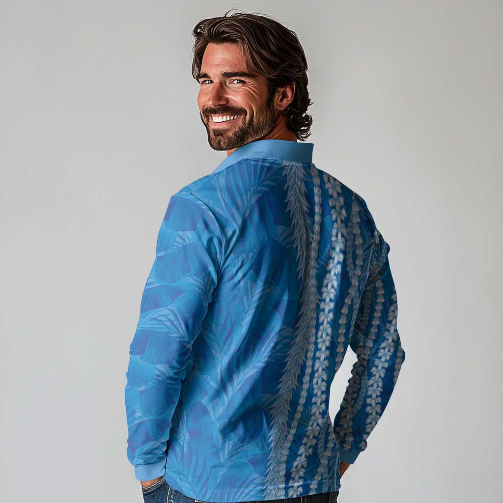 Hawaii Prince Kuhio Long Sleeve Polo Shirt Blue Hawaiian Lau Maia With Leis LT05 - Polynesian Pride