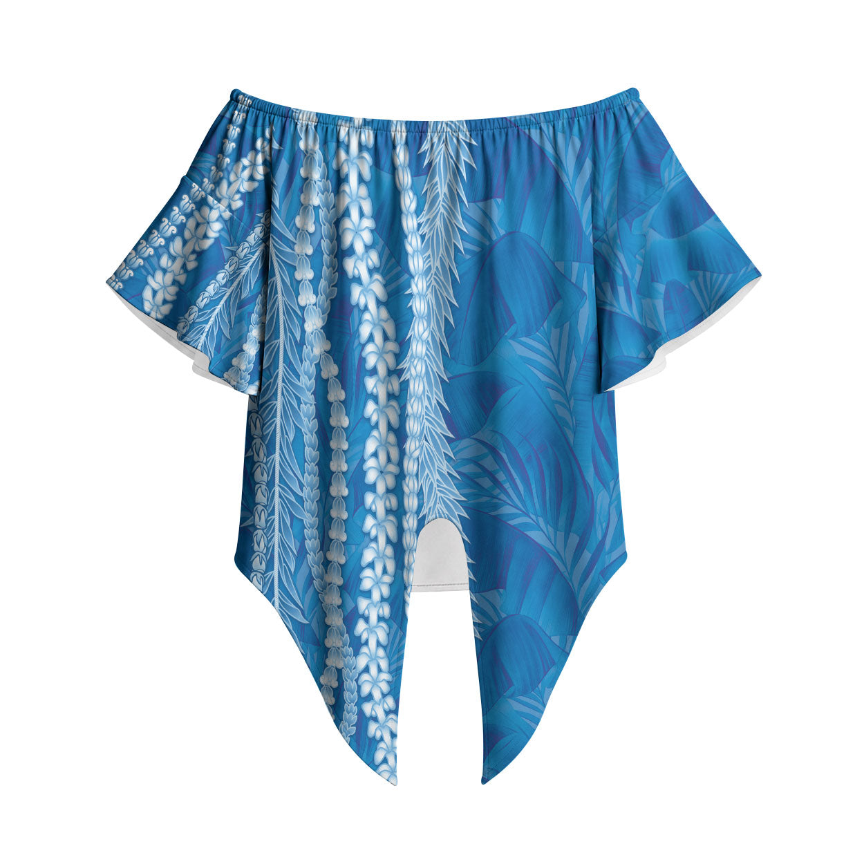 Hawaii Prince Kuhio Off Shoulder Wrap Waist Top Blue Hawaiian Lau Maia With Leis LT05 Blue - Polynesian Pride