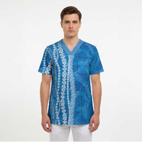 Hawaii Prince Kuhio Scrub Top Blue Hawaiian Lau Maia With Leis