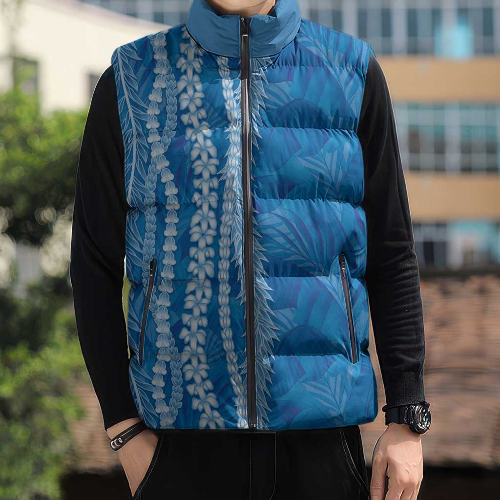 Hawaii Prince Kuhio Sleeveless Puffer Jacket Blue Hawaiian Lau Maia With Leis
