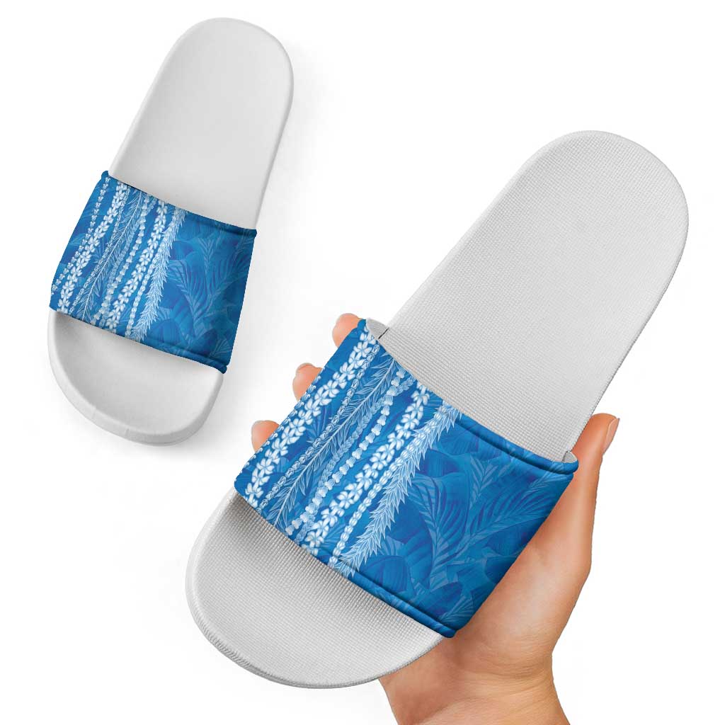 Hawaii Prince Kuhio Slide Sandals Blue Hawaiian Lau Maia With Leis