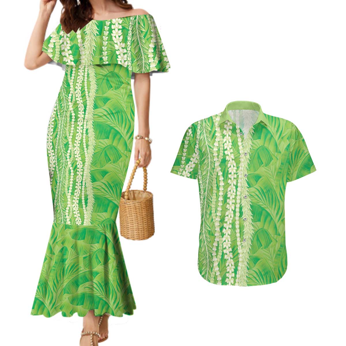 Hawaii Prince Kuhio Couples Matching Mermaid Dress and Hawaiian Shirt Lime Green Hawaiian Lau Maia With Leis LT05 Green - Polynesian Pride