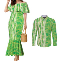 Hawaii Prince Kuhio Couples Matching Mermaid Dress and Long Sleeve Button Shirt Lime Green Hawaiian Lau Maia With Leis LT05 Green - Polynesian Pride