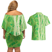 Hawaii Prince Kuhio Couples Matching Off Shoulder Short Dress and Hawaiian Shirt Lime Green Hawaiian Lau Maia With Leis LT05 - Polynesian Pride