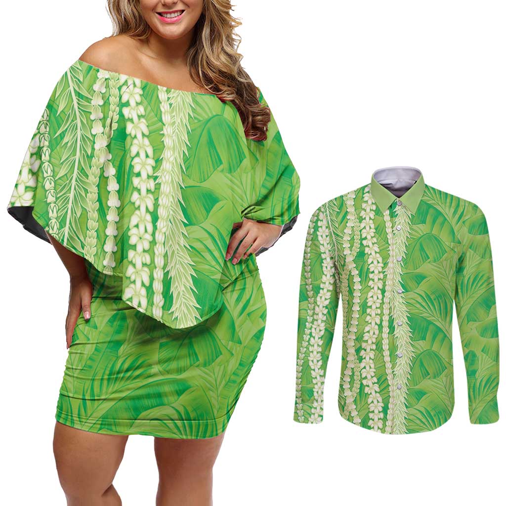 Hawaii Prince Kuhio Couples Matching Off Shoulder Short Dress and Long Sleeve Button Shirt Lime Green Hawaiian Lau Maia With Leis LT05 Green - Polynesian Pride