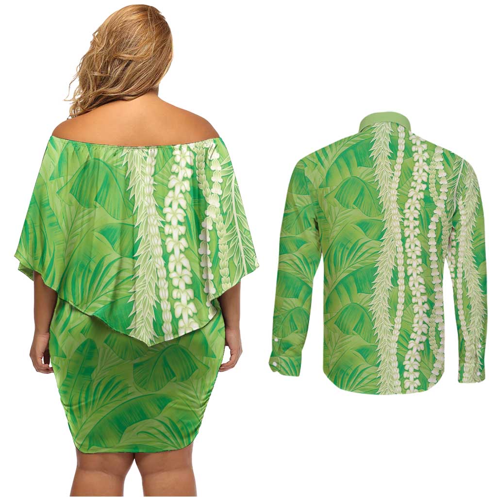 Hawaii Prince Kuhio Couples Matching Off Shoulder Short Dress and Long Sleeve Button Shirt Lime Green Hawaiian Lau Maia With Leis LT05 - Polynesian Pride