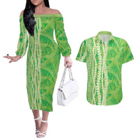 Hawaii Prince Kuhio Couples Matching Off The Shoulder Long Sleeve Dress and Hawaiian Shirt Lime Green Hawaiian Lau Maia With Leis LT05 Green - Polynesian Pride